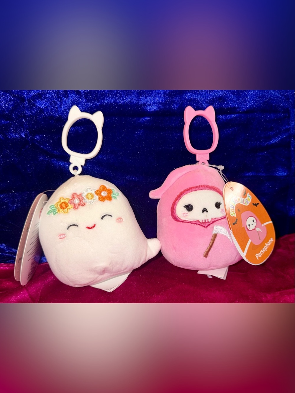 Squishmallows Pink and White Ghost Clip-On Plush Keychain Set